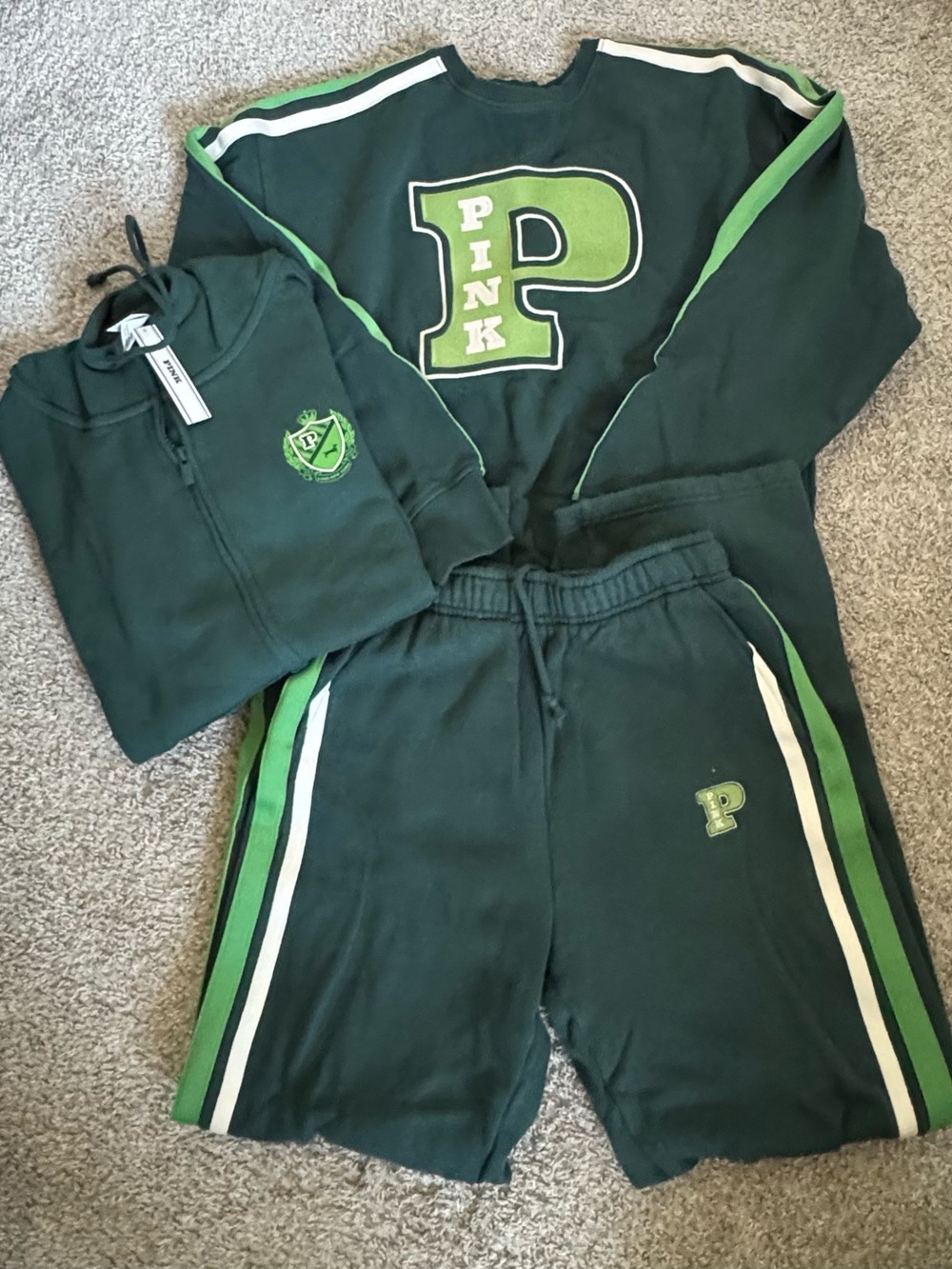 PINK Victoria's Secret Dark Green Set with Lime & White Stripes